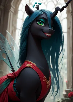 (Queen Chrysalis), MILF, (((pony))), makeup, smile, showing teeth, alicorn, long legs, raised wings, perfect tail, red painted lips, rosy cheeks, side view, view from below, portrait, Anfisa, in nature, Meiko myoden, <lora:Anfisa_Fox_Riot-XL:1.8>, <lora:Pony_MLP_v1.8SDXL:.8>