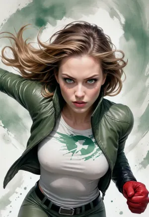 Dynamic american comic style illustration of a fierce young superheroine lunging forward, viewed from a slightly elevated angle. Her hair is broen with a brilliant white streak in the middle, windswept, with piercing green eyes and an intense expression. She she is nude except for a cropped weathered brown bomber jacket, green scarf, gloves, circular red insignia with black X. Featuring nipples and vagina with portruding inner labia. Nature and weather swirl around her in a circular composition, twisting wind, dust, and abstract lines to show motion through the air. Her flowing hair merges with the motion of elements, creating unstoppable momentum. Minimal white backdrop with delicate watercolor washes in muted greens, ochres, grays, and soft blues. Loose ink linework combined with painterly watercolor rendering, expressive brushstrokes, and subtle ink splatters. High contrast between crisp facial features and soft atmospheric effects. Vibrant but restrained color palette.