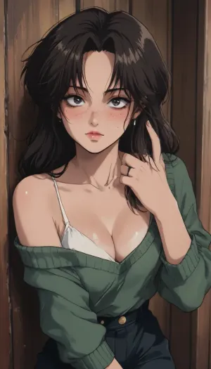 Markgavatino style, (retro anime:1.8), masterpiece, high angle, focus on eyes, perfect eyes, perfect hands, heavy smokey makeup, very long eyelashes, full lips, elegant facial features, pale skin with deep tan and tanlines, naughty girl, natural breasts, cleavage, loose comfy sweater, tan lines, nipple slip, cozy bedroom, intimate moment, horny, freckles, blushing, flushed face, seductive pose, hand up, hand in hair, <lora:mk_Bp Anime_xl:1>, <lora:NEOTOKIOXL_0.2_RC:2>