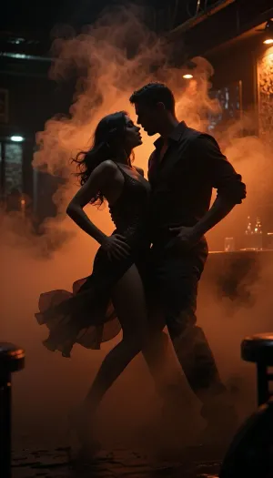 Fantasy setting, cgi Render with imperfections saturated dark orange colors Style, The scenario is enveloped in the deepest darkness imaginable in a a salsa bar experiencing a power outage, filled with thick, swirling steam and dust that obscures every surface, The air is heavy and thick, and no ray of light penetrates the suffocating haze, dark, extreme low light, An extremely attractive joyful couple from Spain, 28 years old, is dancing salsa, the dark silhouette of a couple slightly visible, they dance with passion and dynamism, They dance in an extremely erotic, seductive manner, the couple hides in the shadows of the darkest night and is barely discernible, no direct light touches their shadowed bodies