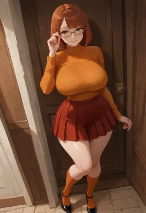 masterpiece, best quality, ultra-detailed illustration, sharp focus, intricate details, highres, absurdres, 1girl, solo, mature woman, 20 years old, adult female, mature features, voluptuous adult body, beautiful detailed face, short bob cut auburn hair, blunt bangs, black square glasses, freckles on cheeks, brown eyes, long eyelashes, detailed eyes, slight blush, large breasts, slim waist, wide hips, thick thighs, perfect anatomy, detailed anatomy, glossy skin, fully clothed, orange turtleneck sweater, red pleated skirt, knee-high orange socks, black mary jane shoes, standing against wall, one leg bent at knee with foot pressed against the wall behind, seductive pose, hand on hip, other hand adjusting glasses, looking at viewer, seductive smile, bedroom eyes, dimly lit abandoned house corridor, old wooden wall with peeling wallpaper, mystery atmosphere, soft side lighting, dynamic angle, three-quarter view, full body visible, hentai style, detailed illustration