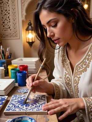 beautiful young Moroccan woman, detailed face, sharp focus on face and hands, half-bust portrait, painting intricate geometric arabesque patterns on flat ceramic zellige tiles, fine paintbrush in hand, blue and turquoise cobalt pigments, colorful paint pots on wooden workbench, stack of white ceramic tiles, traditional Moroccan workshop, carved plaster walls, warm golden lantern light, embroidered djellaba, focused serene expression, shallow depth of field, rich warm atmosphere, Fes artisan style. five fingers clearly visible, natural fingernails, detailed hand anatomy, firm precise grip on paintbrush