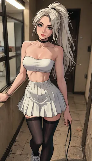 (1 girl solo), ((1 girl)), white hair, long hair ponytail, (big lips), ((Insanely hot skinny college student)), (sexy abs:1.2), (slight smile), (black micro skirt), (white strapless crop top), (white sneakers), (clubfoot:1.3), (athletic body:1), ((white pleated micro skirt)), (hip gap:1.4), (narrow waist:1.5), (erected nipples:1.1), ((perky medium tits)), (horny face), (black choker), (cleavage), (view from above:.8), ((black stockings)), (garters), long legs, (slutty outfit), ((Melkor mancin meet markgavatino style)), reiq style, ratatatat74, SamDoesArts, <lora:LCMTurboMix_Euler_A_fix:1.1>, <lora:ratatatat74-000050:1.8>, <lora:mk_Bp Anime_xl:1.2>, <lora:焦茶_XL:2>, <lora:SDXLSamDoesArts:1.6>