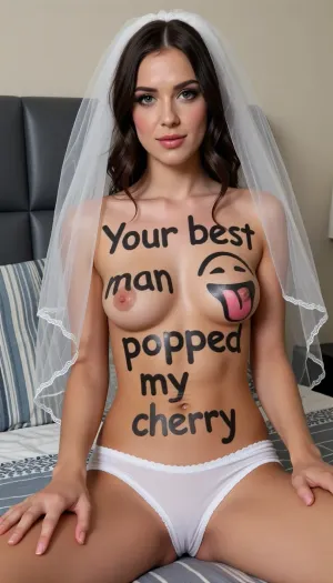 A 25yo slim brunette bride, (bridal veil), (white wedding lingerie:1.3), sits on a bed.
On her body is painted Text "Your best man popped my cherry" with big black marker and a, (sticking out tongue emoji), .