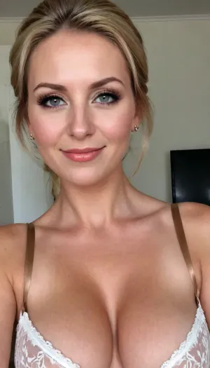 female milf secretary, busty milf 45 y.o., close-up viev, boss office cabinet background, secretary office outfit, lace trimmed bra, massive fake tits, (close-up beautiful playful busty model:1.2), (short blond hair), (elegant hairstyle), beautiful eyes, look at me, sexy lips, playful smile, huge areolas, busty deeper cleavage, playful alluring yet dangerous, close up viev, dark sapphic glamour, look attt my eyes, dramatic lighting., sagging, selfie, alic3nt, she, is, wearing, bride outfit, has, brown, hair, styled, in, a, braided, bun, black, with, bangs, short, smiling, <lora:sagging-000015:.5>, <lora:Sink_Butt_Pose:1.6>