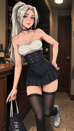 (1 girl solo), ((1 girl)), white hair, long hair ponytail, (big lips), ((Insanely hot skinny college student)), (sexy abs:1.2), (slight smile), (navel piercing), (low-waisted black micro skirt), (white strapless crop top), (white sneakers), (clubfoot:1.3), (athletic body:1), ((white pleated micro skirt)), ((rear view:1.3)), (hip gap:1.4), (club foot:1.3), (narrow waist:1.7), (erected nipples:1.2), ((perky medium tits)), (horny face), (black choker), (cleavage), (rounded ass), ((black stockings)), (garters), long legs, (slutty outfit), ((Melkor mancin meet markgavatino style)), reiq style, ratatatat74, SamDoesArts, <lora:LCMTurboMix_Euler_A_fix:1.1>, <lora:ratatatat74-000050:1.8>, <lora:mk_Bp Anime_xl:1.2>, <lora:焦茶_XL:2>, <lora:SDXLSamDoesArts:1.6>
