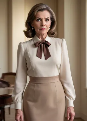 Classy american grandma, ((aged)), greatest mistress, tempting, (((ultra elegant minimalistic simple formal business dress with silk bow blouse))), (huge ultra saggy breasts), long brown hair