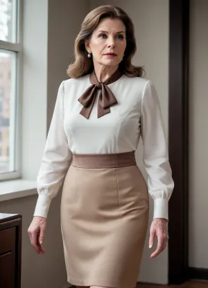 Classy american grandma, ((aged)), greatest mistress, tempting, (((ultra elegant minimalistic simple formal business dress with silk bow blouse))), (huge ultra saggy breasts), long brown hair, curvy, big butt