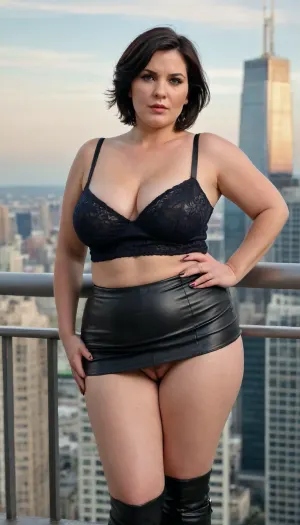 Close-up, (masterpiece, best quality), plus-size model, european 50 yo mature chubby milf with short straight bob black hair, tight black top, fat bbw, cute face, chubby face, leather skirt, wrinkled skin, curvy, chubby sit, fat thighs, over-the-knee boots, in front of a city skyscraper, dramatic pose, confident look, fat drooping breasts, huge massive heavy drooping breasts, unvisible breasts hidden under skirt, very hairy pussy
