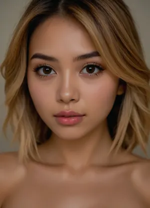 A, head and chest view, of a thin young half Asian/Latina woman with a playful expression to perform oral sex. She has smooth, fair skin with a natural glow and a hint of sweat suggesting recent physical activity. Her dyed blonde, hair is loose, with strands clinging to her face. She has large almond-shaped, expressive light colored eyes with eyeliner, soft eyebrows, and slightly parted lips. She's naked. Warm lighting enhances her skin texture and adds a soft, intimate mood to the image., kawaii, makeup, <lora:KawaiiMakeupXLv2:.8>, Stable-Yogis-Makeup-Enhancer-XL