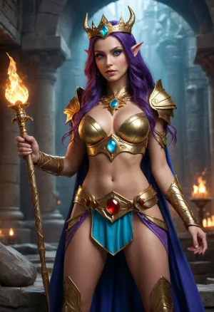 Yara, elf Queen, fantasy, large bust, large breasts, powerful, long purple hair, golden crown with red gemstones, dark brown skin, dark brown clothes with gold elements, gold belt, gold and red detailing on costume, long, muscular legs, holding a staff with a glowing turquoise gem at its top, light shining around gem, the staff has a decorative gold vine, stone dungeon background, dramatic lighting, confident and regal expression, exaggerated features, sense of grandeur and power, <lora:Portrait_perfection:.8>, bright, blue, <lora:bright_blue_eyes:.8>, Rainbowiridal, Spiral, rainbowiridal, eyes, palette, Shiny..., Bright..., Intense, gaze, Fire, dragon, Amber, cat, Anthro..., woman, Genetically, modified..., <lora:Stunning_eyes_2:.8>