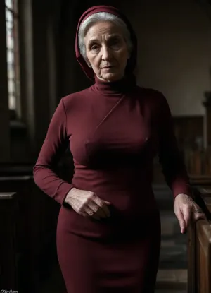 (((inside a church))), (((seductive background))), (((confident seductive extremely elderly woman))), (((tight bright-burgundy nun dress, modest closed clothing, no Headscarf, Covered chest))), (short upper body), (((black pantyhose))), (((curvy))), (((large breasts:1.2))), ((long brown ponytail hair)), (old saggy mature skin:1.9), (goth:1.1), realistic mature skin, (skin pores freckles moles wrinkles tan lines), big butt, high heels, (((close-up:1.3))), <lora:dark:.1>