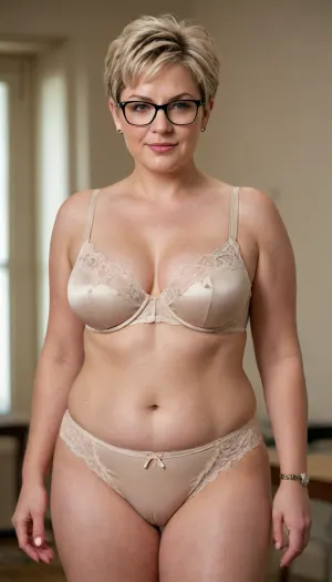 Realistic, solo, Woman, One, teacher, 55 Years old, White, round face with chubby cheeks, (detailed face), Busty, big breasts, big round breasts, very short pixie-cut hair with sides trimmed short, curled bangs, (detailed hair), light blonde hair with dark roots, chubby, big wide hips, pudgy midsection, thick thighs, Full body, Standing, eyeglasses, wearing a beige underwire bra, beige-lace-embroidered-bra, (detailed bra), wearing high-waisted panties, beige-satin-and-lace-embroidered-panties, (detailed panties), natural lighting, empty gymnasium
