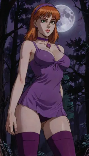 8k, score_9, score_8_up, score_7_up, Cinematic still the viewer looks down at a submissive girl, FILM PHOTOGRAPHY STYLE, cinematic photography of a woman, professional portrait photo realism, ultra detailed face, perfect body, perfect pale shiny skin, daphne from Scooby Doo, orange hair, long ginger hair, hairband, purple thight nightgown, pueolw lingerie, green choker, purple heels, magenta stockings, anime style, standing, close up, horny, low angle, at forest, mist, midnight, full moon, full body view, short skirt, <lora:bombshell_v2:.8>, <lora:ratatatat74-000050:.8>, <lora:NEOTOKIOXL_0.2_RC:.8>, <lora:detailed_notrigger:2>, <lora:LCMTurboMix_Euler_A_fix:.8>