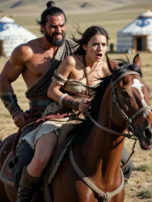 13th century mongol steppe. Ultra detailed depiction of 2 characters both riding the same horse which is galloping. Sharp focus on their faces. . mongol khan smirk demonic smile, predator expression, slanted dark eyes, typical asian mongol face, black beard, In front of him on the same horse a captive woman, beautiful, wrists bound together in front with rope, panicked, exhausted, torn apart medieval dress, afraid, Both their hair are moved by the wind.

background is blurred because of fast speed motion. Muscular horse inclined, in effort, its mouth open.
far away in background mongol yurts, hard steppe sun, dramatic lighting.