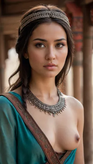 rope bound, submissive, proud.
A cinematic, highly realistic photograph of the barbarian khan's captive, a young woman with distinct Sogdian features—refined, soft facial contours, almond-shaped dark eyes, and long, dark braided hair interwoven with delicate silver threads—standing on a dusty stone floor. She wears the remnants of her traditional, heavily embroidered silk caftan, which is parted open in front to reveal her bare breasts and sun-kissed skin. Standing close her is the powerful Mongol Khan, who has strong, authentic East Asian features, a weathered, sun-bronzed complexion, high and prominent cheekbones, and a thin, drooping mustache. The Khan wears highly detailed, historical nomadic armor made of overlapping hardened leather lamellar scales and iron pauldrons showing signs of battle wear, with a conical iron helmet trimmed with dark sable fur, his large, strong arms embracing her, wrapping comfortably around her torso. A simple, heavy iron chain of captivity is locked around her waist, its links trailing down to a rusted ring anchored in the stone floor, with her own hands, she is gently holding the fabric of her parted silk attire, while her face expresses a deep sense of total abandon and profound love, with her facial features fully relaxed. In the background, the interior of a vast yurt-palace is visible, with walls lined with patterned felt rugs, burning iron braziers casting a flickering orange glow, and a massive, low-slung wooden throne draped in thick, coars pelts. The atmosphere is intimate, heavy, and warm. The lighting is dramatic and natural, with shafts of dusty sunlight cutting through the roof opening of the yurt, mixing with the warm, harsh firelight of the braziers to create deep shadows and highlighting the rich, detailed textures of skin, leather, and fabric. The composition is close and vertical, focusing on the two standing figures, with the camera placed at eye level to capture the intense, intimate connection and the contrast between her soft skin and his rugged armor. The overall mood is sensual, historical, and emotionally charged, captured with the hyper-detailed texture, depth of field, and sharp focus of a modern historical epic film.
In desert tent, lamAniH, <lora:lamAniH MTL_xl1:.8>, <lora:Portrait_perfection:.8>, green, eyes, blue, brown, perfecteyes, <lora:PerfectEyesXL:.8>