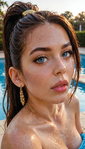 (POV:1.3), (POV + Sideways deepthroat:1.6), (head grab:1.4), huge cock, evil eyes, (took the girl by the head:1.3), ((view from above)), leaned forward, (((young black girl))), ((deepthroat faceless man:1.7)), hdr, outside, pool, sitting on chair, (((front view))), (nude:1.3), blue eyes, long dark black hair, wet hair, (hair is pulled into one high ponytail with an elastic band:1.5), extremely beautiful, extremely perfect face, perfect skin, (long big eyelashes thick eyelashes:1.4), (((shiny black lip gloss))), (((gold earrings))), thick eyebrows, (((huge lips))), arched nose, (round buttocks), extremely perfect body, looking at viewer, perfect buttocks, waist, flirty, round blue eyes, dimorphic female face, on bed by the pool, (maximum photo quality:1.4), (maximum photo detail:1.4), (maximum photo resolution:1.4), perfecteyes, detailxl, reij-snrs, light, and, shadow, by, <lora:HandFineTuning_XL:1.3>, <lora:lora-sdxl-perfect-eyes:.2>, <lora:sunriseSDXL-000009:.8>, <lora:sd_xl_turbo_lora_v1-64dim:.8>