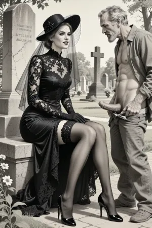 This is is a detailed monochromatic pencil drawing in a classical illustrative style depicts a scene set in Russian, in 1950s, full portrait of a beautiful widow sitting in a cemetery park monument near the cemetery monument, the legs are slightly spread apart, show pussy with slutty smile she is wearing a long sleeved intricate lace black widow gown, widow hat, black transparent veil, stockings, front view, upskirt shot, looking away, middle distance, ptheels, high, heels, standing nearby is a sleazy old homeless man with his pants unbuttoned, who is masturbating his dick, She looks at him, The overall mood is intense, rendered in fine, expressive line work and subtle shading, evoking the style of 1950s satirical or moralistic illustrations.