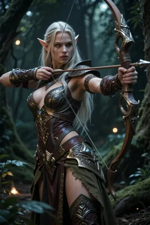 woman, Ultra-detailed beautiful elf female archer in the woods, RPG, dungeons & dragons, intricate design and details, dramatic lighting, hyperrealism, photorealistic, cinematic