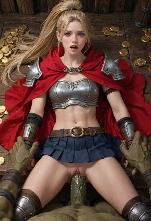 1girl, Rina Rupaage, The Unwanted Immortal Adventurer series, rinarupaage, blonde hair, very long ponytail, lot of hair, big ponytail, blue eyes, red cape, armor, gloves, midriff, belt, pleated skirt, knee pads, shaved pussy, lying on old dirty wooden table, fucked pov by World of Warcraft orc, tall muscular green orc, orc has furry torso, orc is wearing bracers, oversized green penis, (orc has big massive hands, thick fingers, size difference), orc is grabbing thighs, deep vaginal penetration, vagina stretched, loud screaming orgasm, eyebrows raised, struggling, shuddering orgasm, swayed hips, spasms, exaggerated squirting, coins, <lora:RinaRupaage_AnimagineXLV3-000045:.8>