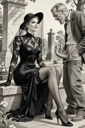 This is is a detailed monochromatic pencil drawing in a classical illustrative style depicts a scene set in Russian, in 1950s, full portrait of a beautiful widow sitting in a cemetery park monument near the cemetery monument, the legs are slightly spread apart, show pussy with slutty smile she is wearing a long sleeved intricate lace black widow gown, widow hat, black transparent veil, stockings, front view, upskirt shot, looking away, middle distance, ptheels, high, heels, standing nearby is a sleazy old homeless man with his pants unbuttoned, who is masturbating his dick, She looks at him, The overall mood is intense, rendered in fine, expressive line work and subtle shading, evoking the style of 1950s satirical or moralistic illustrations.