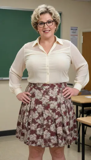 Realistic, solo, Woman, One, teacher, 55 Years old, White, round face with chubby cheeks, smile lines, (detailed face), Busty, big breasts, big round breasts, short curly hair, hair cut to nape of neck, very short hair, light blonde hair with dark roots, chubby, pudgy, voluptuous, big wide hips, pudgy midsection, big thick thighs, Standing, 3/4 body portrait, eyeglasses, cream-colored-blouse, (detailed blouse), long-pleated-floral-print-skirt, (detailed skirt), modest cleavage showing, natural lighting, empty classroom background