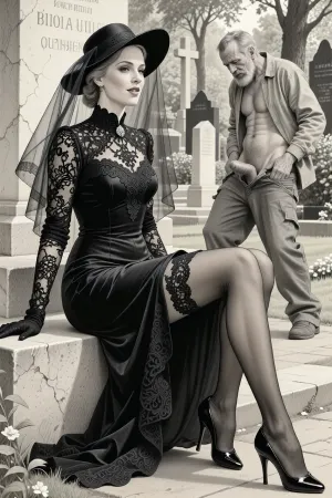 This is is a detailed monochromatic pencil drawing in a classical illustrative style depicts a scene set in Russian, in 1950s, full portrait of a beautiful widow sitting in a cemetery park monument near the cemetery monument, the legs are slightly spread apart, show pussy with slutty smile she is wearing a long sleeved intricate lace black widow gown, widow hat, black transparent veil, stockings, front view, upskirt shot, looking away, middle distance, ptheels, high, heels, in the background is a sleazy old homeless man with his pants unbuttoned, who is masturbating his dick, She looks at him, The overall mood is intense, rendered in fine, expressive line work and subtle shading, evoking the style of 1950s satirical or moralistic illustrations.