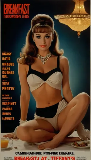 Movie poster for a 1960s horor movie version of breakfast at Tiffany's, sexy space prostitute, cleavage, sexy legs, huge breasts, <lora:MJ52:.8>