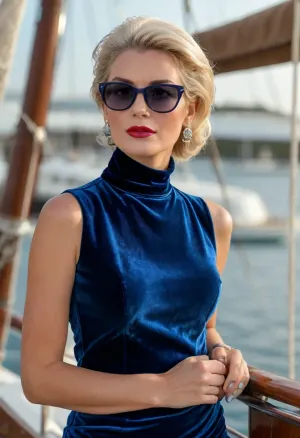 (masterpiece, best quality:1.2), 1 czech 40yo woman, high-society lady in a video clip, (she wears a midnight colored high neck velvet vest, ice-blue silk pencil skirt and high heels:1.4), outdoors on board a luxurious sailing ship, short slicked-back platinum blonde hair, (retro styled with jewelry, earrings, bangles, mirrored retro sunglasses:1.4), brown eyes, photorealism, <lora:style_lora_realis:.5>, <lora:slicked-back_hair-000006:.5>