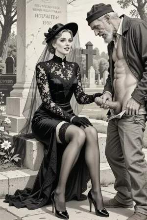 This is is a detailed monochromatic pencil drawing in a classical illustrative style depicts a scene set in Russian, in 1950s, full portrait of a beautiful widow sitting in a cemetery park monument near the cemetery monument, the legs are slightly spread apart, show pussy with slutty smile she is wearing a long sleeved intricate lace black widow gown, widow hat, black transparent veil, stockings, front view, upskirt shot, looking away, middle distance, ptheels, high, heels, standing nearby is a sleazy old homeless man with his pants unbuttoned, she is masturbating his dick, She looks at him, handjob, The overall mood is intense, rendered in fine, expressive line work and subtle shading, evoking the style of 1950s satirical or moralistic illustrations.