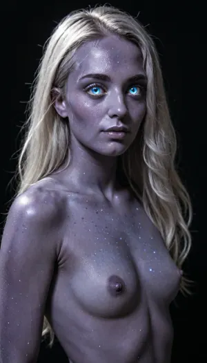 (cosmos body:1.7), (galaxy skin:2), (silver void eyes:1.8), (mature adult face), (silver lipstick:1.5), shimmering hair, glowing hair, glistening hair, hourglass body, small breasts with erect nipples
