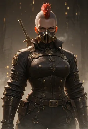 Steampunk chubby lady with a breathing mask, mohawk hair, steampunk outfit and weapon, intricate design and details, fog, lights, epic, dynamic, dramatic lighting, hyperrealism, photorealistic, cinematic, 8k, unreal engine.