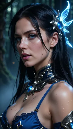 Neon lunk style Extreme close up, ((futuristic Fantasy world forrest)), (maximum quality), (high resolution), DSLR, INTRICATE, ATTRACTIVE, mood lighting, intricate, elegant, (highly detailed skin, skin details), sharp focus, volumetric fog, 32k UHD, filmgrain, high quality, Realism_Quality_2xx_By_Stable_Yogi, DSLR camera, best quality, best resolution, uhd, perfect composition of lights and shadows, dynamic, the brightest image, clear focus, high resolution, (extreme detail), (ultra realism), UHD, super high quality, super high resolution, extremely detailed. ###

30 year old lingerie warrior princess, long black hair, blue lingerie warrior clothing, goth, (((view from side))), perfect face, bright blue eyes, cute, closeup, petite body, beautiful face, (), (very hot body), but, woman, <lora:attractive_notrigger:1.8>, <lora:BUT_SDXL_SHS:1.3>, <lora:RMSDXL_Darkness_Cinema:.1>, <lora:Vivid Midjourney mimic - XL SDXL v2.0:1.3>, <lora:SDXLFaeTastic2400:1.2>