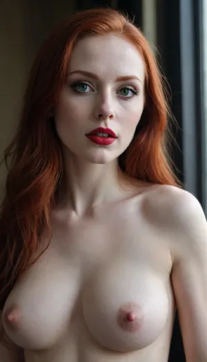 Gothic girl, slim body, huge breast, long redhead hair, green eyes, dark make up, red lips, very pale skin, naked, shaved vagina, side