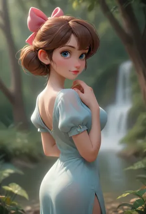 disney pixar style, hyper-detailed, amazing quality, best quality, masterpiece, score_9, score_8_up, score_7_up, very aesthetic, high resolution, ultra-detailed, absurdres, newest, cowboy shot, dutch angle, from behind, Wendy \, (Peter Pan\), \, (solo, WendyXL, brown hair, blue eyes, pink lips, hair bow, big breasts, blue dress, short sleeves, puffy sleeves, see-through silhouette, side slit, parted lips, smile\), shiny skin, oiled skin, wet, outdoors, jungle, lake, waterfall, hut, afternoon, standing, facing away, looking back, looking at viewer, hands on own chest, blurry background, bokeh, bloom, <lora:[XL]trendy_3D:.7>, <lora:lora-sdxl-perfect-eyes:.7>, <lora:pyroV4-256:.7>, <lora:Samaritan 3d Cartoon SDXL:.7>