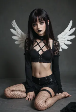 Young, 18 years old innocent looking girl, big innocent eyes, black long hair with bangs, gothic makeup with eyeliner and Black lipstick, perfect angel face, skinny, petit, small, perfect body, nose piercing, septum piercing, pretty, with a sexy gothic courset and lingerie, wearing a very tight Black leather skirt, fishnets that go all the way tô the feet, gothic sleeves, about 5, 3 feet