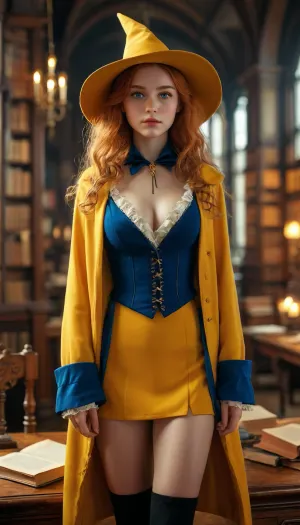 (warm ambient light:.5), (shadows:.4), 8k, best quality, (masterpiece), (intricate details), 1 22 year old girl, in old bibliothek, full body view, ginger hair, perfect eyes, perfect face, perfect lighting, beautiful, high detail, octane render, detailed eyes, (full-body shot), (sexy female wizard student), wizard wand, yellow wizard hat, yellow school uniform, yellow cloak, boots, black eyeliner, deep cleavage, firm breasts, athletic body, golden necklace, no panties, JS_ShortSkirt, bright, blue, eyes, <lora:MJ52:.8>, <lora:Portrait_perfection:.8>, <lora:bright_blue_eyes:.8>