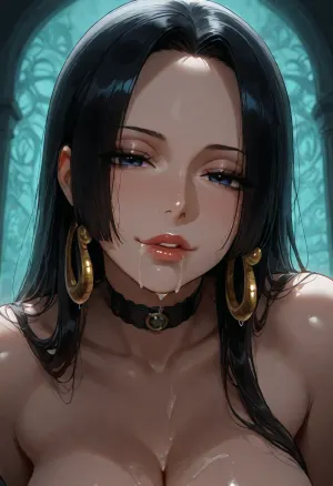 1girl, Boa Hancock from One Piece, goth, black choker, kissing lips, naked, sidelocks tied back, solo, smiling, abstract background, aqua background, lips, looking at viewer, seductive, half-closed eyes, cum dripping from the side of her mouth, <lora:SDXL high detailed. LoRA_SDXL_ARW_0010:1.5>, <lora:add-detail-xl:1.9>, <lora:dark:1.4>, <lora:Jeweled eyes-NAI:2>, <lora:SDXL Detail:1.3>