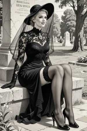 This is is a detailed monochromatic pencil drawing in a classical illustrative style depicts a scene set in Russian, in 1950s, full portrait of a beautiful widow sitting in a cemetery park monument near the cemetery monument, show hairy pussy slutty smile she is wearing a long sleeved intricate lace black widow gown, widow hat, black transparent veil, stockings, front view, upskirt shot, looking away, middle distance, ptheels, high, heels, The overall mood is intense, rendered in fine, expressive line work and subtle shading, evoking the style of 1950s satirical or moralistic illustrations.