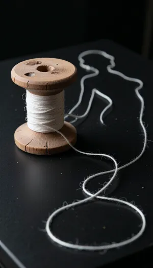 Ultra-photorealistic fine art macro photography with cinematic spatial depth. A handcrafted vintage wooden thread spool, beautifully aged, resting on a perfectly matte black tabletop within an otherwise completely black environment. The spool is made of old oak wood with grain, tiny dents, worn edges, faded varnish, and dust. A single ultra-thin white cotton thread unwinds naturally from the spool in one continuous, uninterrupted line. The thread gradually travels across the matte black tabletop and seamlessly forms the elegant full-body silhouette of a beautiful adult woman. The entire silhouette is formed exclusively from this one physical thread, with no breaks, cuts, or illustration. Soft controlled studio lighting, realistic textile fibers, subtle natural shadows, strong micro-contrast, luxurious negative space, minimalist composition, absolute matte black environment, museum-quality photography style, timeless, elegant, hyperrealistic, 8K. The black environment absorbs almost all light, making the white thread and antique spool appear as if emerging from darkness.