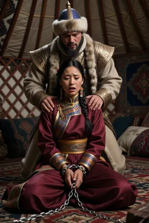 A photorealistic portrait. The captive – an Asian woman of Mongol descent and noble birth – sits on a carpet in the richly detailed yurt of the barbarian khan Batu, her hands bound in chains, he stands behind her, placing his hands on her shoulders, and she reacts emotionally. A professional concept art piece for a 5-second video, of the highest image quality.