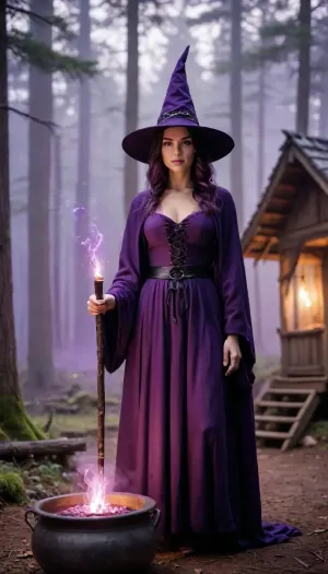 High fantasy witch in black and purple robe and pointed hat, holding magic dagger in hand, standing in front of ancient wooden hut deep in enchanted forest, preparing glowing purple demonic potion in large iron cauldron, glowing particles and sparks, swirl of violet mist around her, mystical fog between trees, ethereal atmosphere, dramatic cinematic lighting, highly detailed, sharp focus, epic fantasy art.