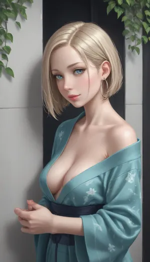 ((Amateur candid photo:1.2)), ((Nafot is a middle-aged woman 50 years old with a neutral:1.4)), slightly pensive expression and a subtle half-smile. Her gaze is calm and direct, and her eyes are gray-brown with a hint of depth. Her eyebrows are naturally shaped, not too wide, and well-defined. Her nose is straight, and her facial features are soft and well-proportioned, reflecting her sense of balance. She has blonde hair with a short, slightly layered cut, with strands gently framing her face and a side-swept bang that does not cover her forehead. The hairstyle looks casual, as if it was styled naturally, without any rigid fixation. The skin is light, with a barely noticeable texture and subtle age nuances — thin lines at the outer corners of the eyes and in the area of the bridge of the nose, which gives the image a sense of vitality. The makeup is minimalistic, the eyelashes are barely emphasized, and the lips are without bright lipstick, with a natural warm undertone. The ears are adorned with small hoop earrings or simple pendants, with a warm golden hue of metal, without any stones or intricate decorations.

The woman is dressed in a dark blue, loose-fitting garment, (resembling a robe or kimono dress), with a floral print. The pattern is large, but not overly colorful, featuring pastel-colored flowers, (soft pink, white, and muted blue), with thin, dark blue outlines of petals, interspersed with delicate green leaves and thin stems. The fabric appears soft and flowing, with slight draping at the shoulders and neckline. The neckline is V-shaped, with a shallow cut that accentuates the woman's neckline. In the background is a fragment of a facade, a dark gray or black door with embossed rectangular panels and a silver-colored metal handle. On the right is a section of a wall with a light gray textured plaster. Above the woman's shoulder is the edge of a white window frame, and in the frame is a green indoor plant with dark green leaves. On the left is a section of a wall with wallpaper, a grayish-white background with a delicate damask floral pattern with silver-gray swirls., large, breasts, big, boobs, huge, tits, <lora:bombshell_v2:.7>