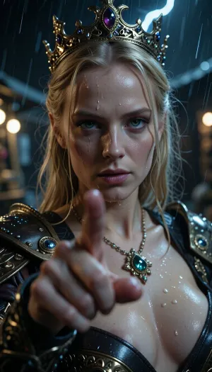 Close-up portrait of a majestic blonde Norway queen's face and deep Décolleté, In the completely blurred foreground, the viewer sees her hand pointing directly at him, in a dark nordic marketplace during hard rain at dark night, She wears royal leather armor, mist drifting behind her, faint lightning illuminating her face from above and behind. The camera is slightly below her eye level, so she looks down at the viewer with a cold, condescending stare, arrogant, superior, and almost cruel, Her head is slightly tilted down, chin subtly lifted in superiority, eyes narrowed with judgment and dominance. Hyper-realistic oiled skin, pale wet sheen, visible pores, fine natural texture, Her facial features are regal and sharp, high sculpted cheekbones, strong elegant jawline, narrow lips pressed together with faint disdain, eyebrows slightly lowered and arched in calculated superiority. Her eyes are piercing with deep dark green irises, razor-sharp iris detail, tiny lightning catchlights reflecting in them. Expression communicates absolute authority, cold pride, and a chilling confidence that borders on menace, her crown and jewelry are visible at the edges, wet gold and gemstones catching lightning, framing her face as a symbol of untouchable power. Cinematic storm lighting, cold blue highlights, high contrast, hyper photorealistic, 8K, extreme facial detail, shallow depth of field, intense gaze, dark blurred market behind her