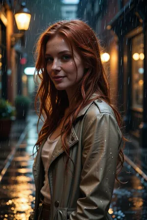 A beautiful red-haired woman inspired by a classic comic-book heroine stands in a rain-soaked city alley at night. She has long, flowing auburn hair damp from the rain, soft expressive features, and a warm, affectionate expression. She wears a simple, elegant casual outfit with a light-colored jacket and understated style, looking like someone caught in a dramatic romantic moment. Streetlights cast a golden glow through the heavy rainfall, creating a cinematic atmosphere with reflections on the wet pavement. Moody lighting, emotional storytelling, realistic cinematic photography, shallow depth of field, dramatic rain effects.