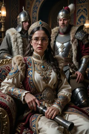 Şərqi Asiyadan olan gözəl gənc aristokratın fotorealist, kinematik portreti, valehedici, ifadəli badam formalı gözləri və incəliklə işlənmiş irisləri ilə. O, diqqətlə bərpa olunmuş tarixi Monqol yurtunun içərisində bəzəkli dizayna malik möhtəşəm taxtda oturub. Onun zərif əlləri dizlərində dayanır. O, mürəkkəb naxışlı, süet və qismən açıq dəri detalına malik tüklü yüngül qış paltosudur. Onun düz arxasında isə qətiyyətli və sərt Monqol lideri Çinggis xan dayanır, tarixi zireh və ağır tüklü paltoda, Onun əlləri möhkəmcə onun çılpaq çiyinlərinə toxunur. Dramalı, melankolik, yumşaq işıqlandırma, şam işığının dəridəki əksləri, 8K çözünürlük, kəskin fokus, ultra-detallı dəri teksturası, yüksək detal səviyyəsinə malik ultra-realist görüntü.