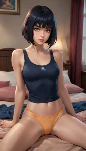 Reiq art style., (black hair), (bob haircut), (green eyes), (21 years old), (tanned skin), (severe look), (large tits), (athletic), girl sitting on her bed, wearing a dark blue tank top and orange large panties, looking sévère, looking away, dynamic angle, bedroom, staekinglight, pcpcpc, Brown, skin, lineart, LineAniAF, Sitwlup, front, view, side, sitting, <lora:nai3animation_v2.6.1-000100:.8>, <lora:Tan_Pokemon_Anime_style_girl:.8>, <lora:LineAniRedmondV2-Lineart-LineAniAF:.8>, <lora:SitWithLegUp.0.9.Experimental:.9>