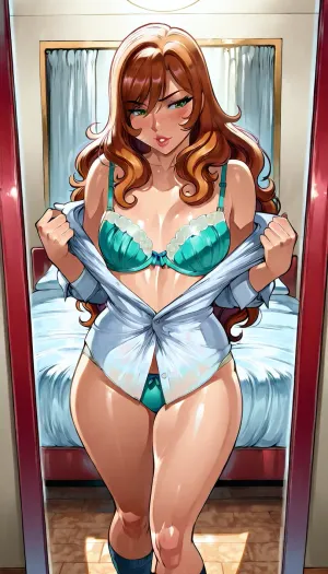 Chunky 20 year old adult woman, brunette hair, wavy long hair, small chest, Green eyes, In a bed room getting dressed, panties on, bra on, standing in front of a mirror, putting on socks, button up shirt is un buttoneded, exposing bra, flirty, (reiq style:1)
