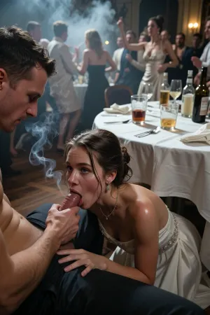 A 20-year-old bridesmaid, (kneels under a table:1.6), (sucks cock of sitting man:1.2), wears an elegant white dress, looking up, sweaty, disheveled hair, fellatio, blowjob, (man looks down to her:1.4), she hides under the table, several drunk party guests dancing in the blurred background, ballroom, shot from above, haze of cigar smoke in the air, filled with dust and smoke, cinematic moody lighting, tense but charismatic atmosphere, crowd, of, people, cloudy, smoke, atmospheric, clouds, fog