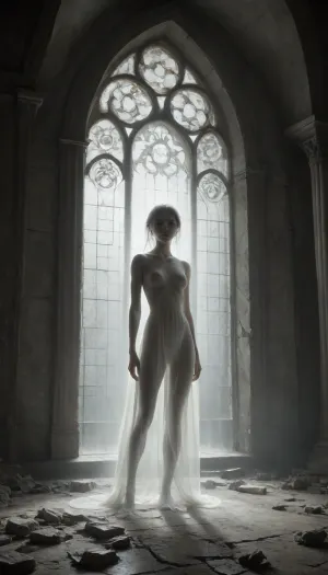 A vast, abandoned baroque palace with towering cracked columns. Peeling frescoes and soot-stained ceilings loom overhead. a lone figure emerging from the shadows. A ghost, elevated half meter over ground, pale woman, white painted skin, unnatural white skin, unnatural black eyes, extremely long black hair, High-contrast chiaroscuro—cold moonlight slashes through broken stained glass, casting sharp shadows that amplify her ethereal presence. Dust motes swirl in the beams., Slight Dutch angle, full-body portrait as she vanishes into deeper shadows., mentixis, metix, ais-ghostly, <lora:mentixis:2>, <lora:Ghostly_Style_SDXL:1.2>
